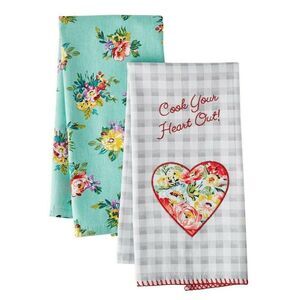 Pioneer Woman Kitchen Towels Cook Your Heart Out Sweet Romance Floral Check 2-Pc